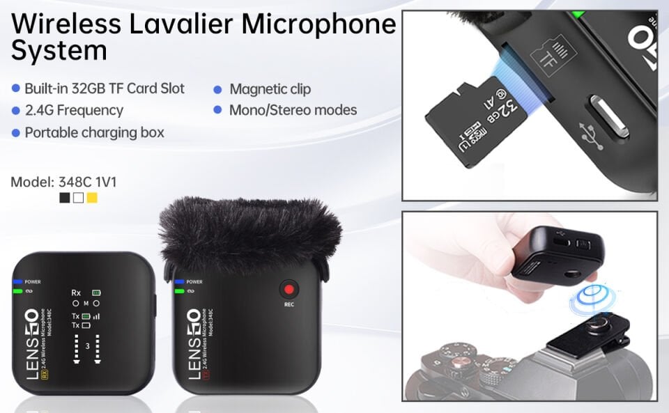 Lensgo 348C Kablosuz Yaka Mikrofon Seti + 32GB MicroSD Kart – Telefon & Kamera Uyumlu