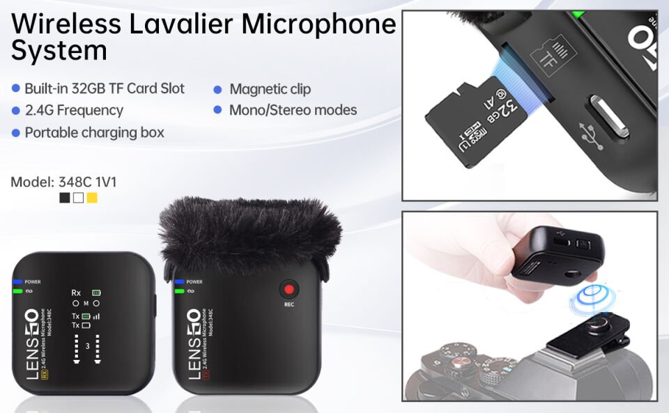Lensgo 348C Kablosuz Yaka Mikrofon Seti + 32GB MicroSD Kart – Telefon & Kamera Uyumlu
