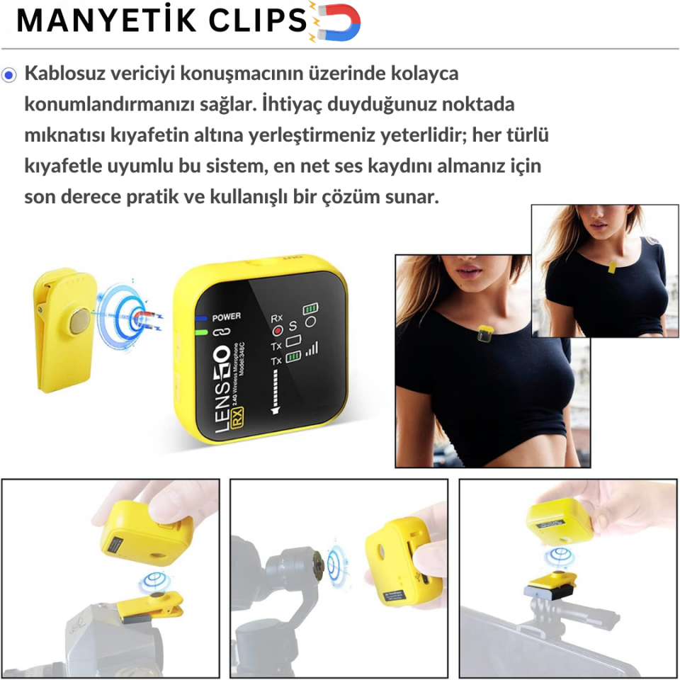 Lensgo 348C Kablosuz Yaka Mikrofon Seti + 32GB MicroSD Kart – Telefon & Kamera Uyumlu