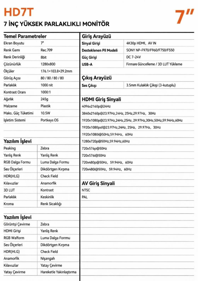HD7T 1000nit 7″ HDMI Girişli DSLR Kamera Monitör Ekranı