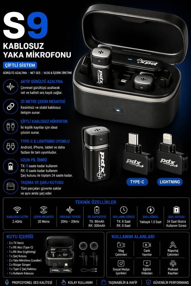 PDX Kablosuz Yaka Mikrofonu S9 | Çiftli Sistem | Type-C ve Lightning