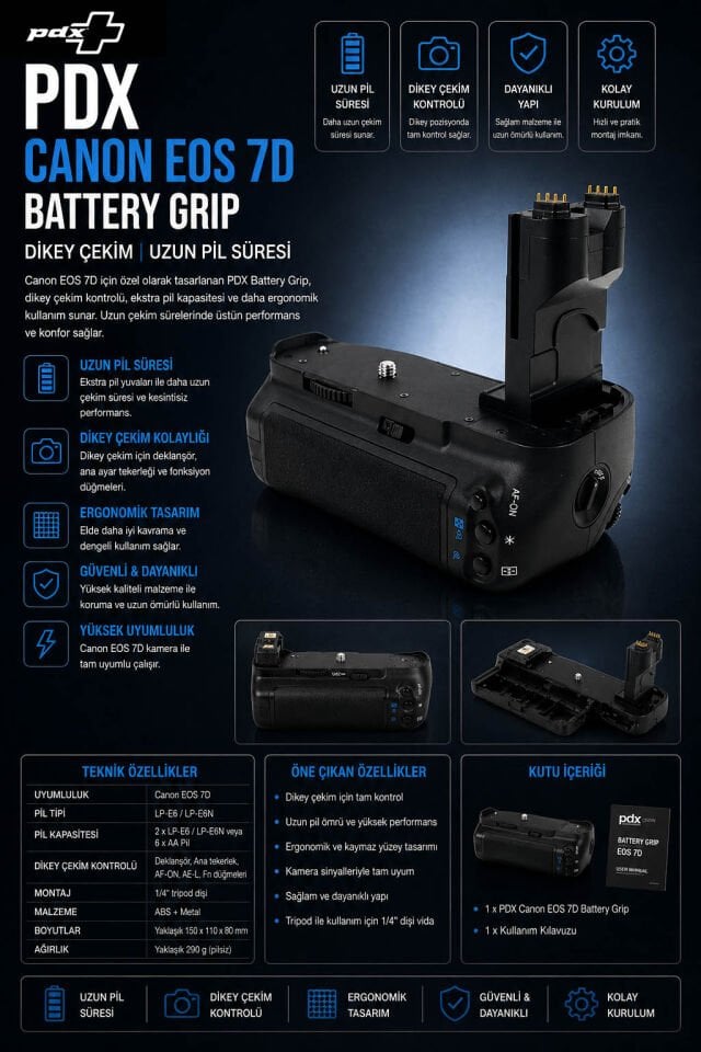 PDX Canon EOS 7D Battery Grip | Dikey Çekim | Uzun Pil Süresi