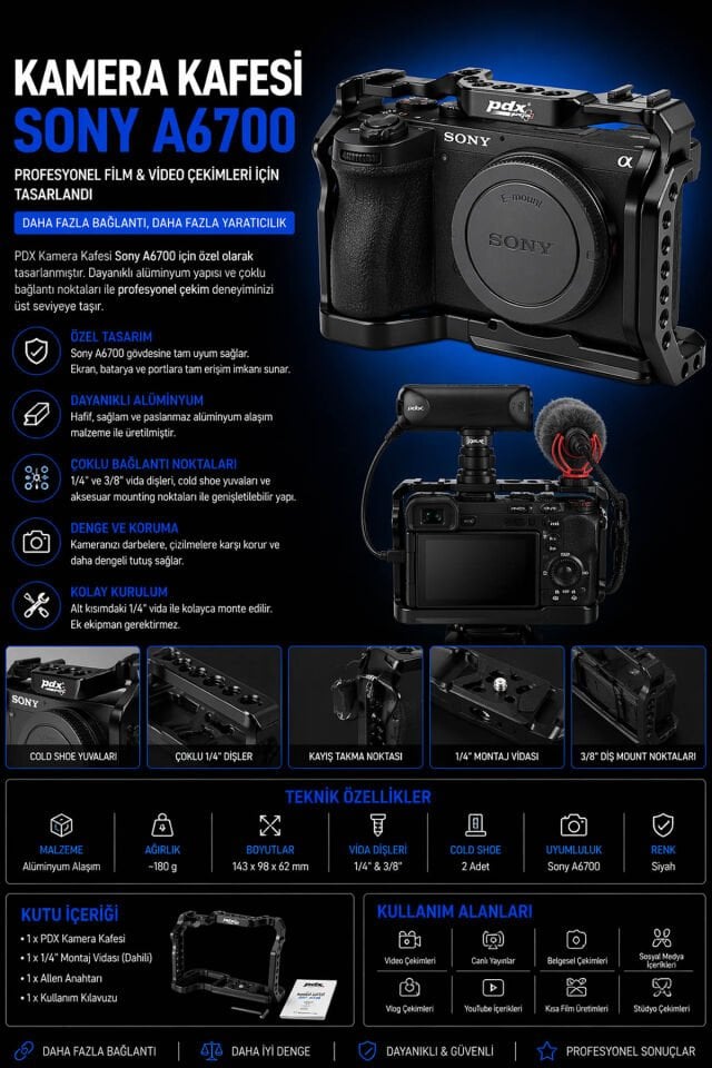 PDX Kamera Kafesi Sony A6700 | Alüminyum Cage | Video Rig