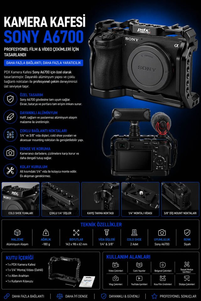 PDX Kamera Kafesi Sony A6700 | Alüminyum Cage | Video Rig