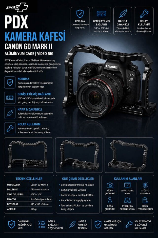 PDX Kamera Kafesi Canon 6D Mark II | Alüminyum Cage | Video Rig