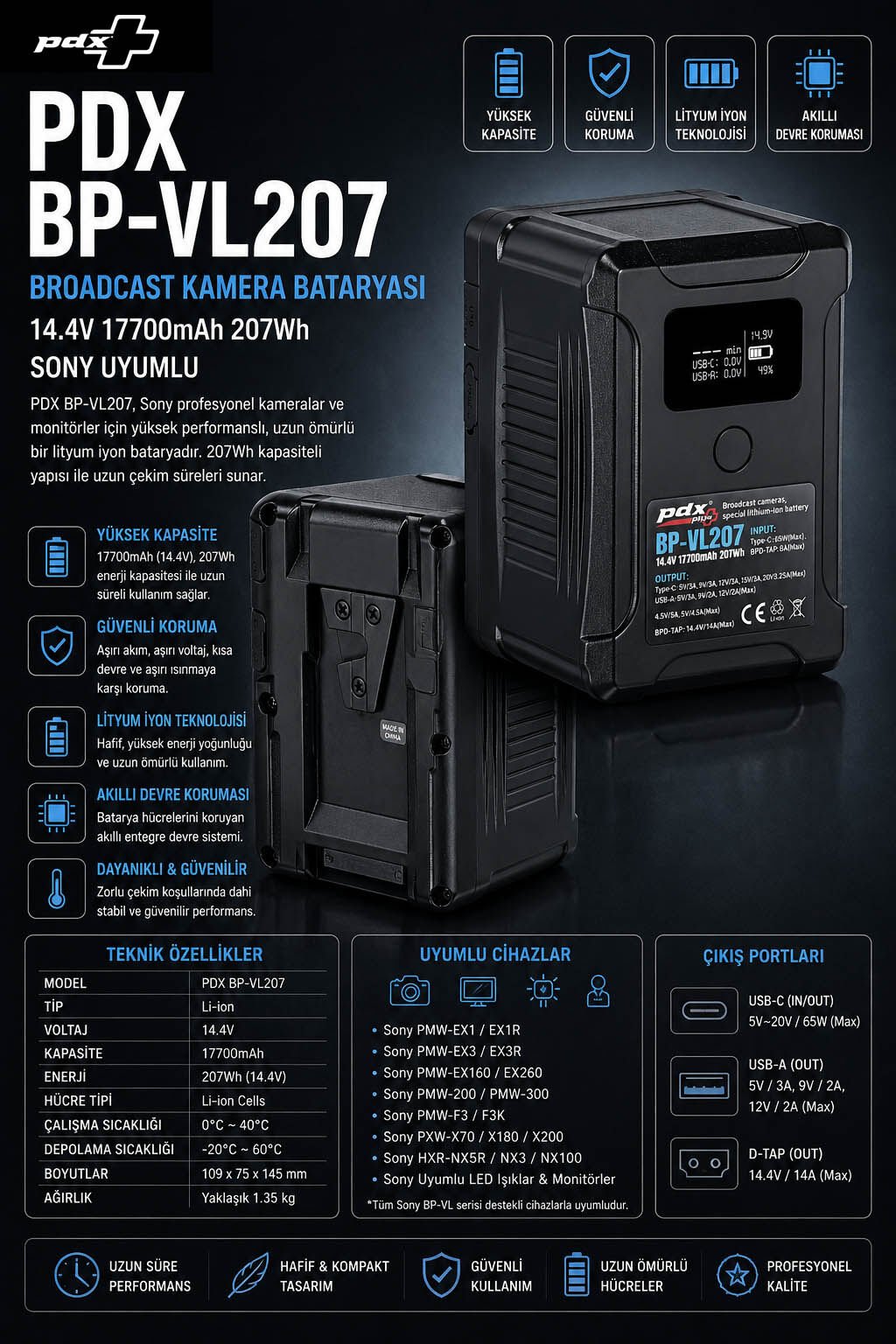 PDX BP-VL207 Sony Uyumlu Broadcast Kamera Bataryası