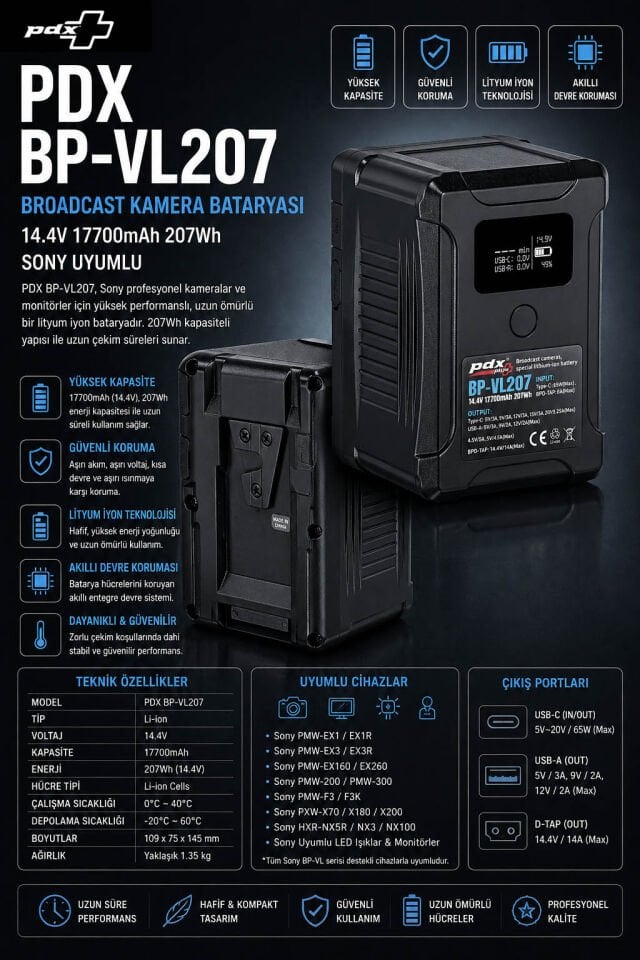 PDX Broadcast Kamera Bataryası BP-VL207 | Sony Uyumlu | Yüksek Kapasite