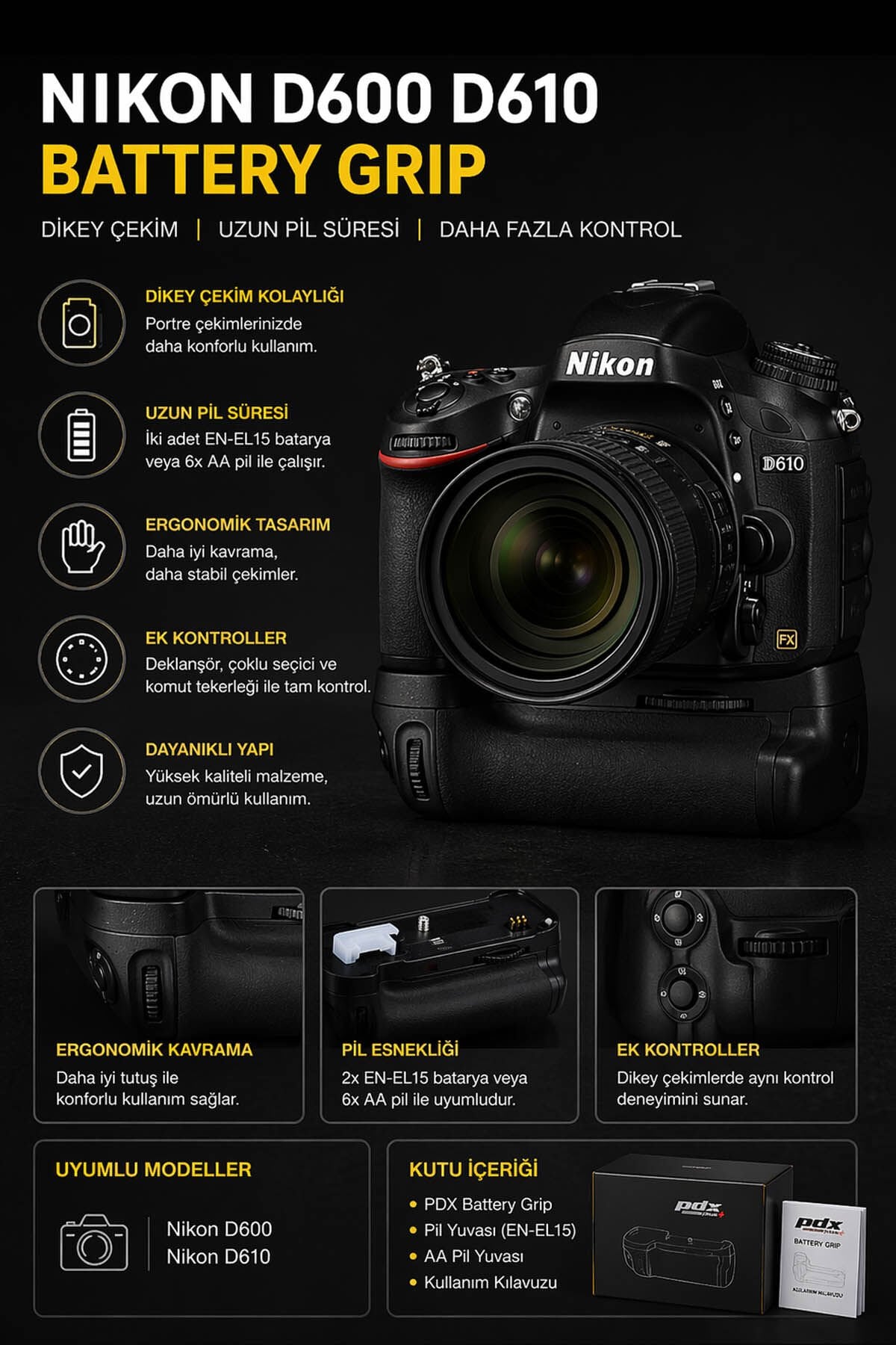 PDX Nikon D600/D610 Battery Grip Batarya Tutucu