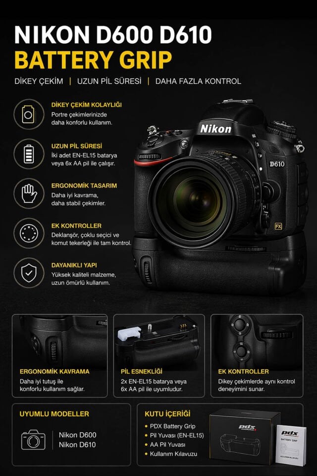 PDX Nikon D600 D610 Battery Grip | Dikey Çekim | Uzun Pil Süresi