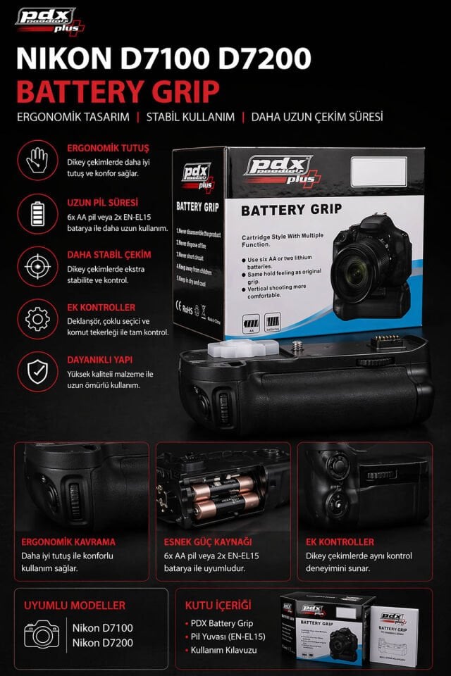 PDX Nikon D7100 D7200 Battery Grip | Ergonomik | Stabil Kullanım