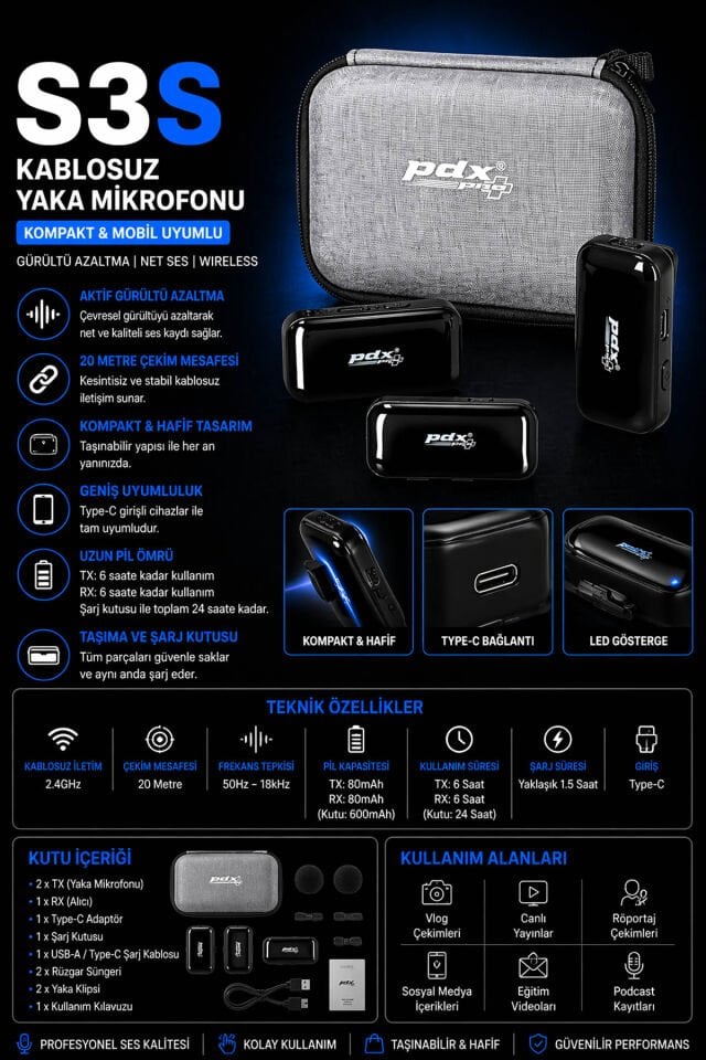 PDX Kablosuz Yaka Mikrofonu S3S | Kompakt | Mobil Uyumlu