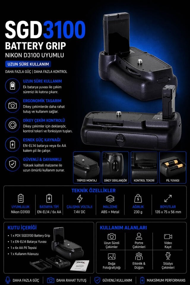 PDX Nikon D3100 Battery Grip SGD3100 | Uzun Süre Kullanım