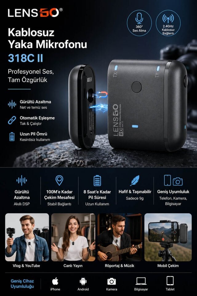 Lensgo Kablosuz Yaka Mikrofonu 318C | Wireless | Mobil Kullanım
