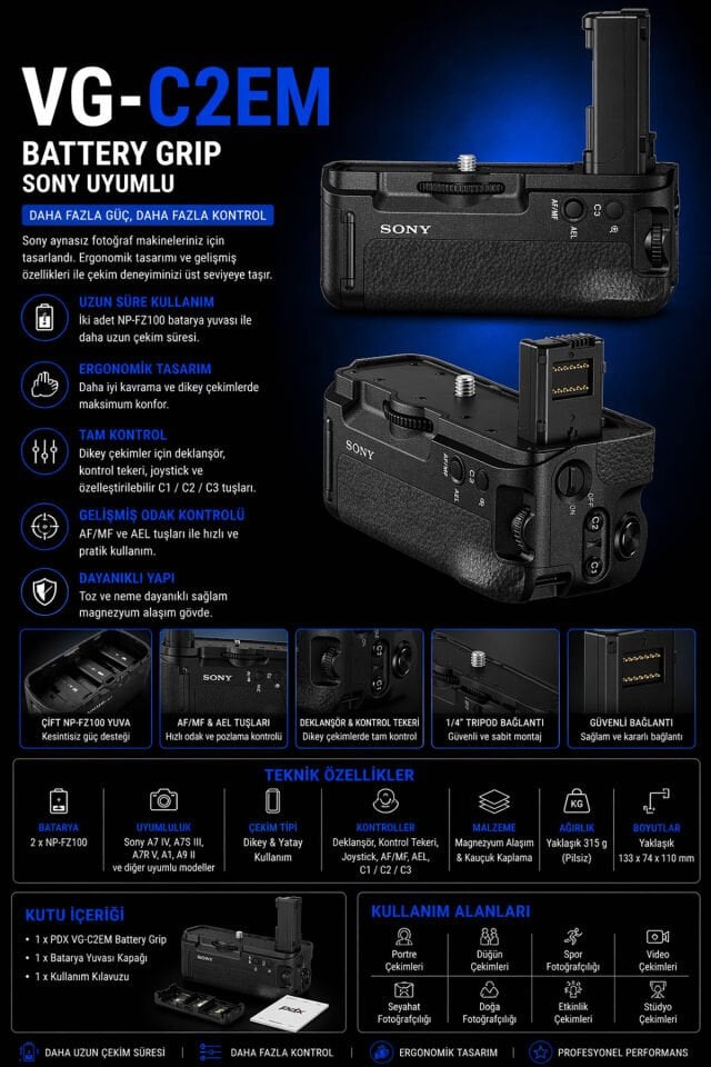 PDX Sony VG-C2EM Battery Grip | Sony Uyumlu | Güçlü Performans