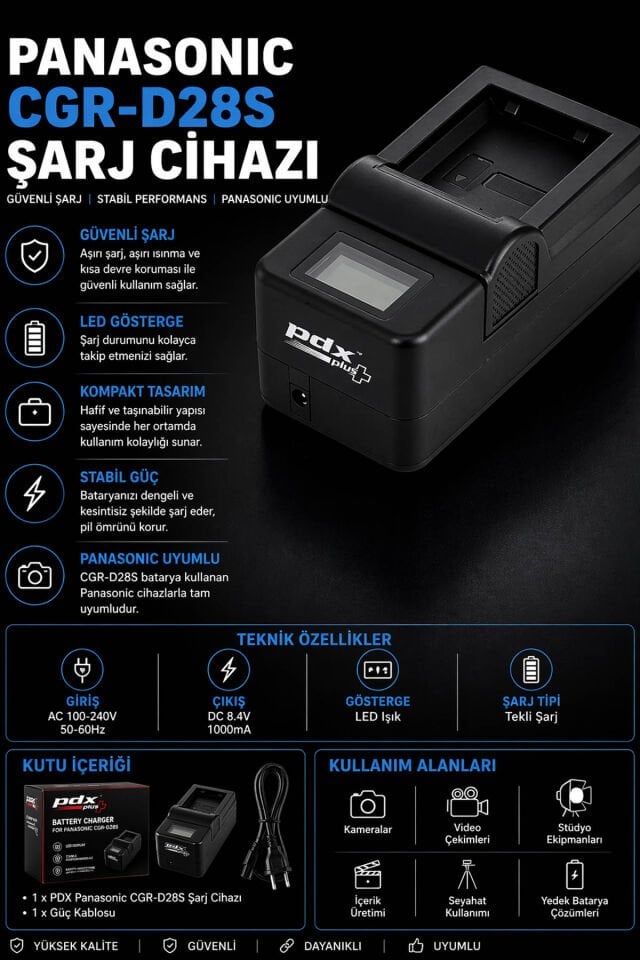 PDX Panasonic CGR-D28S Şarj Cihazı | Güvenli Şarj | Panasonic Uyumlu