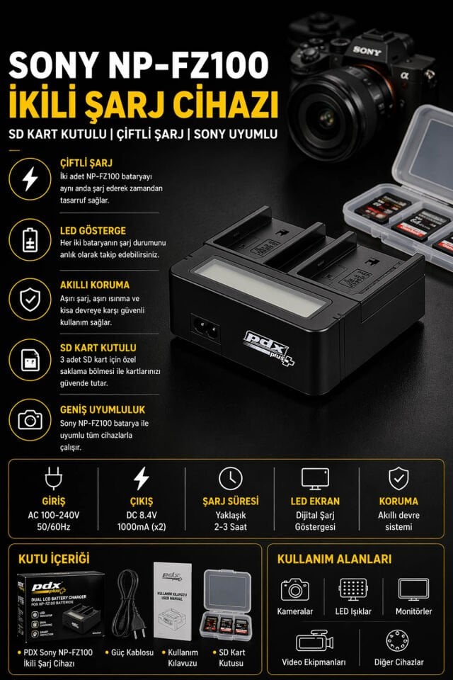 PDX Sony NP-FZ100 İkili Şarj Cihazı | SD Kart Kutulu | Çiftli Şarj