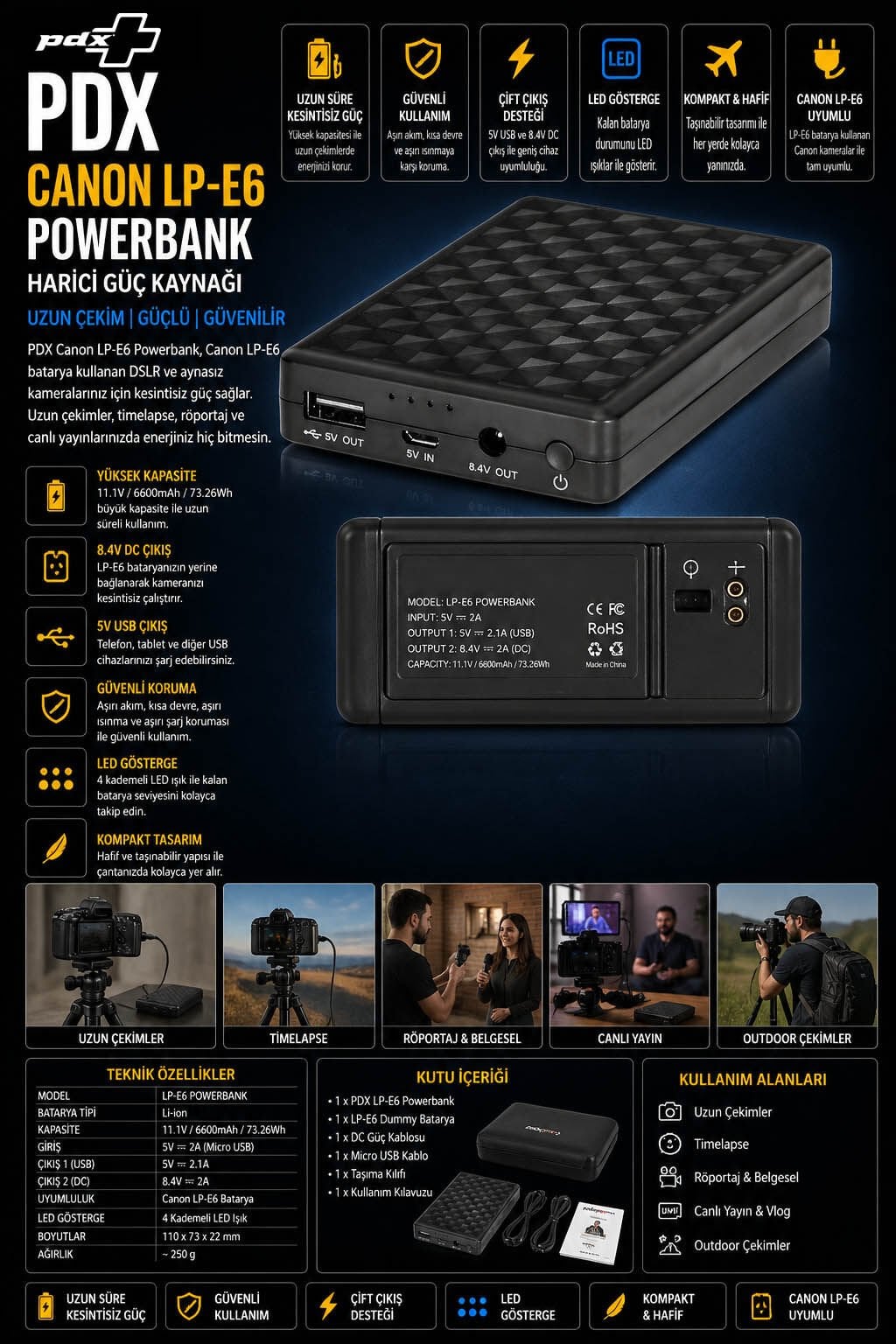 PDX LP-E6 Powerbank Harici Güç Kaynağı
