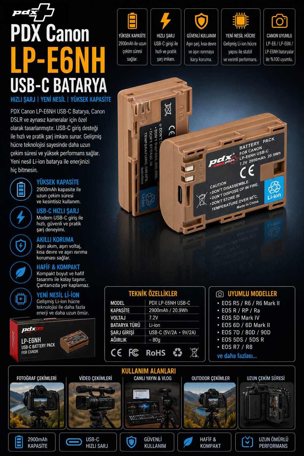 PDX LP-E6NH USB-C Batarya