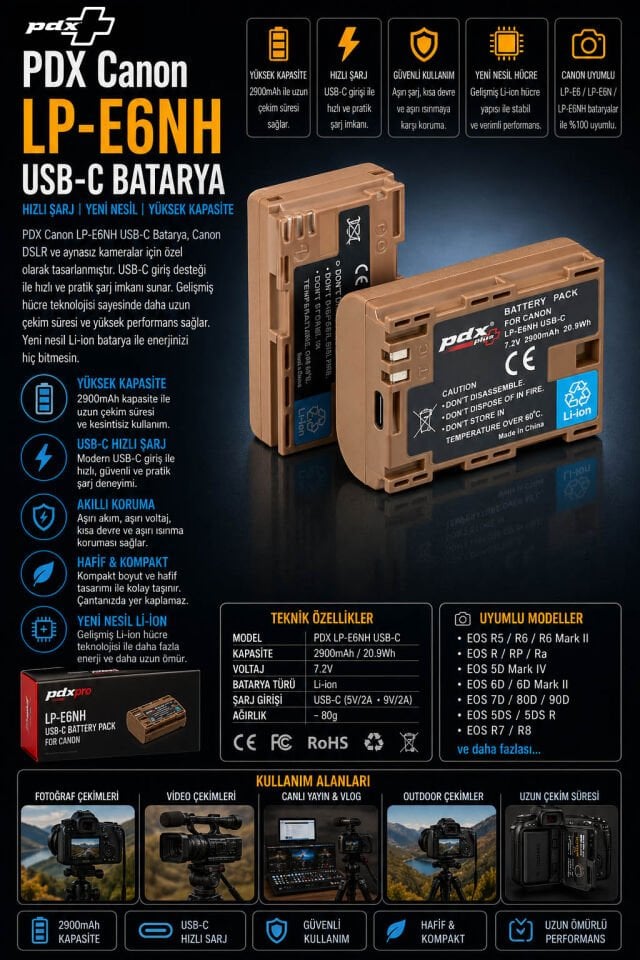 PDX Canon LP-E6NH USB-C Batarya | Hızlı Şarj | Yeni Nesil