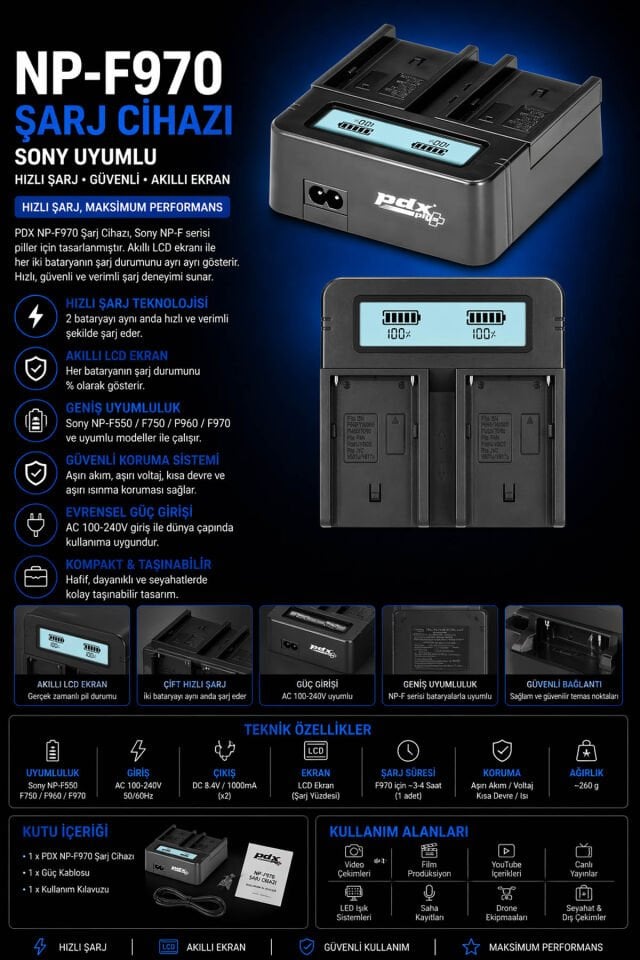 PDX Sony NP-F970 Şarj Cihazı | Hızlı Şarj | Sony Uyumlu