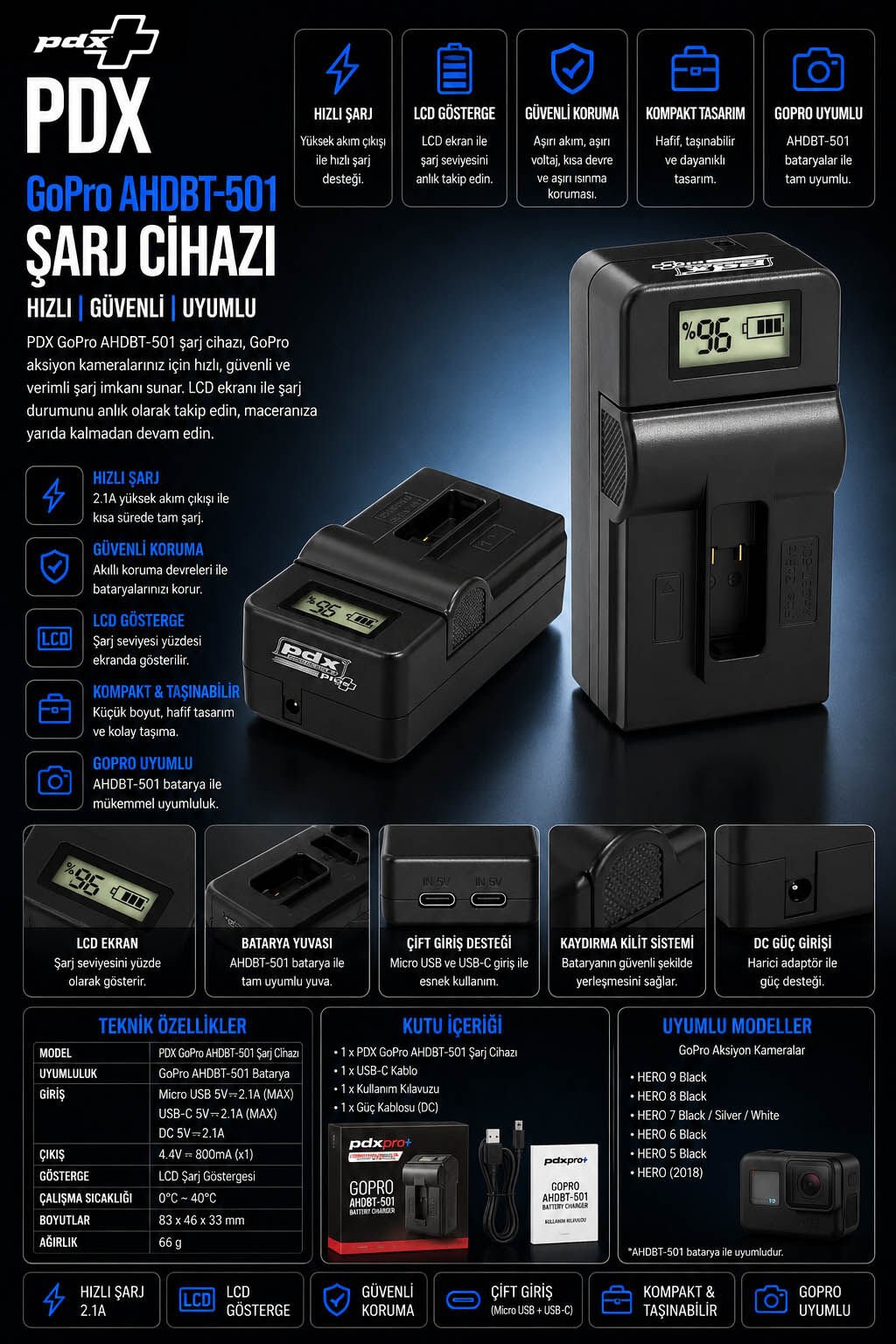 PDX GoPro AHDBT-501 Şarj Cihazı
