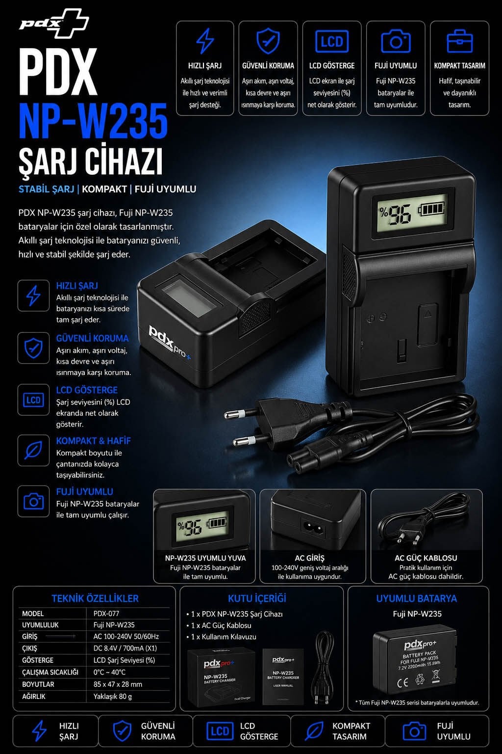 PDX Fuji NP-W235 Şarj Cihazı