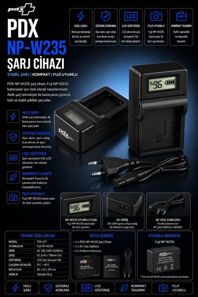 PDX Fuji NP-W235 Şarj Cihazı | Stabil Şarj | Fuji Uyumlu
