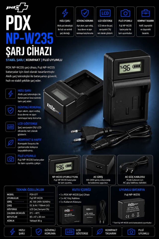 PDX Fuji NP-W235 Şarj Cihazı | Stabil Şarj | Fuji Uyumlu
