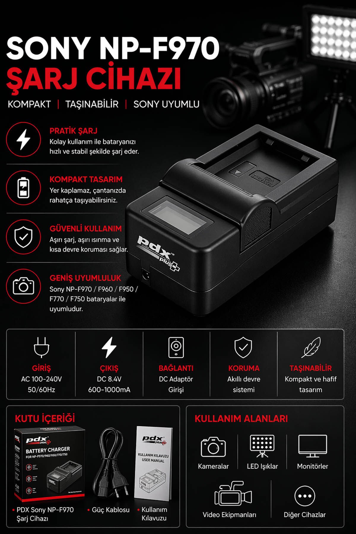 PDX Sony NP-F970 Şarj Cihazı