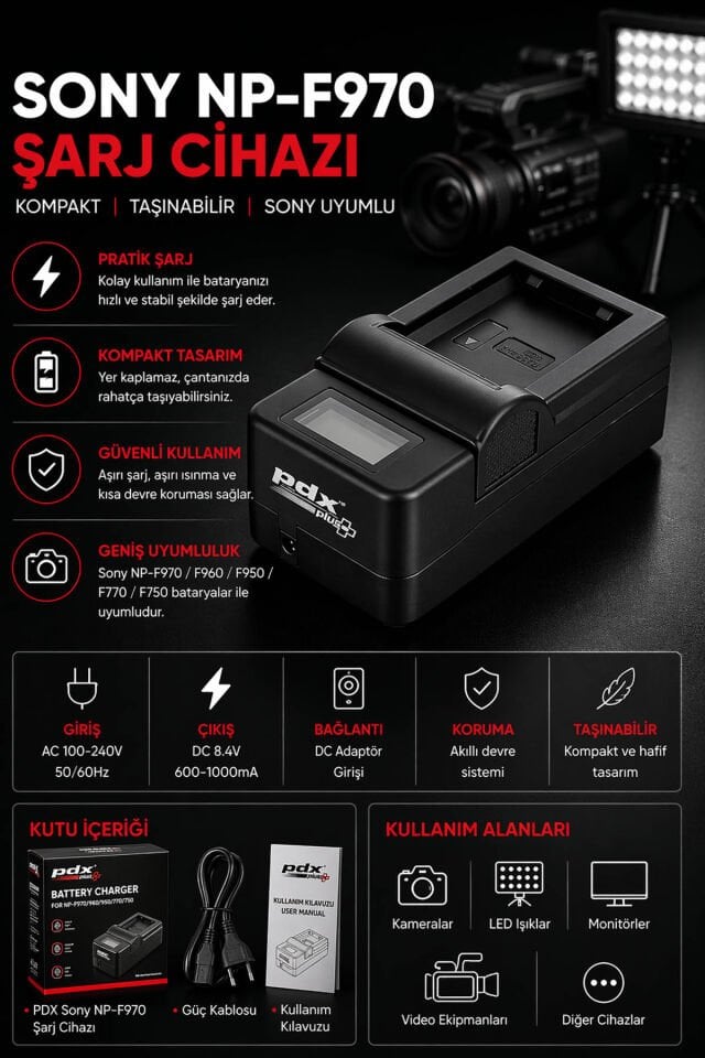 PDX Sony NP-F970 Şarj Cihazı | Kompakt | Taşınabilir
