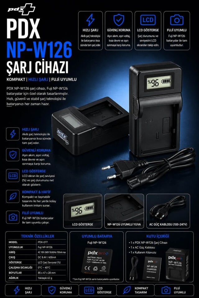 PDX Fuji NP-W126 Şarj Cihazı | Kompakt | Fuji Uyumlu
