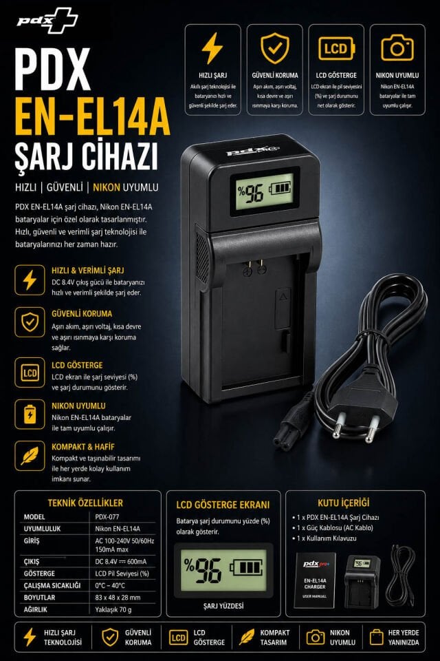 PDX Nikon EN-EL14A Şarj Cihazı | Hızlı Şarj | Nikon Uyumlu