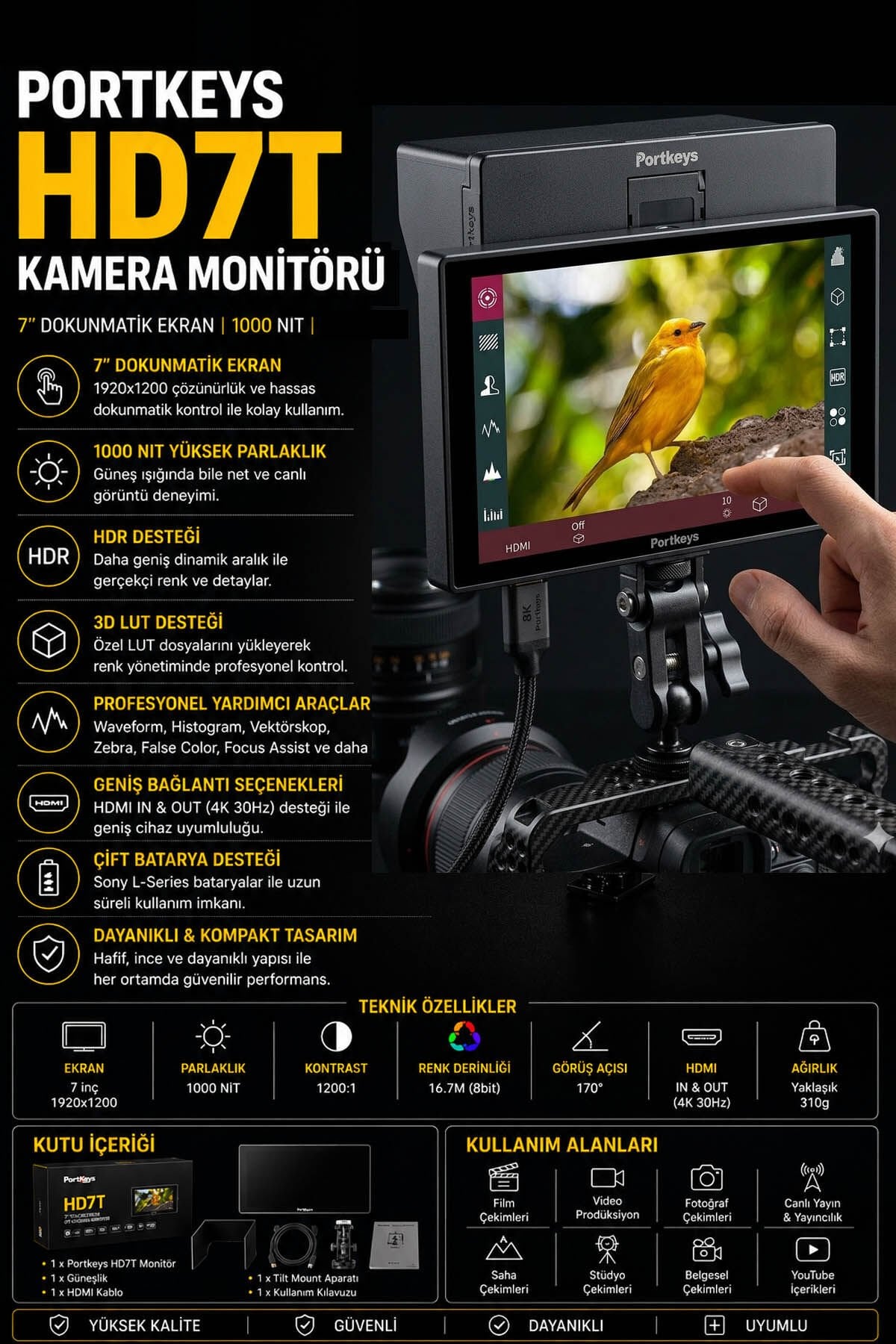 Portkeys HD7T Kamera Monitörü | 7” Dokunmatik | 1000 NIT