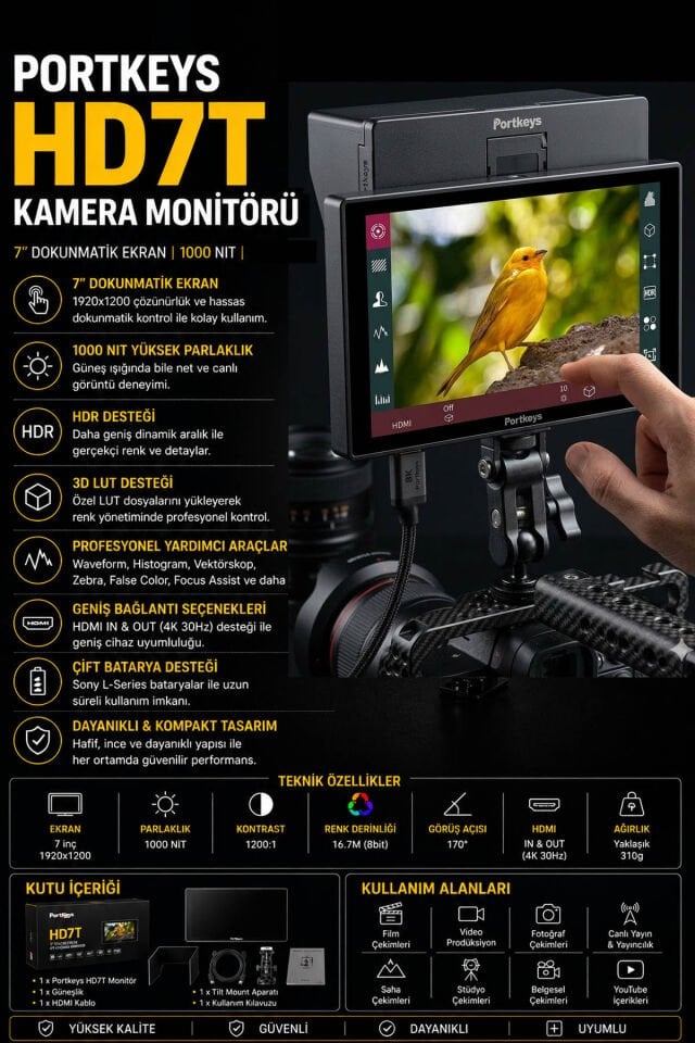 Portkeys HD7T Kamera Monitörü | 7” Dokunmatik | 1000 NIT