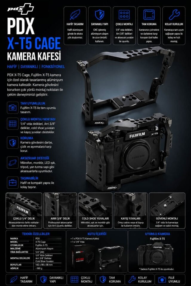 PDX Kamera Kafesi Fujifilm X-T5 | Hafif | Dayanıklı Cage
