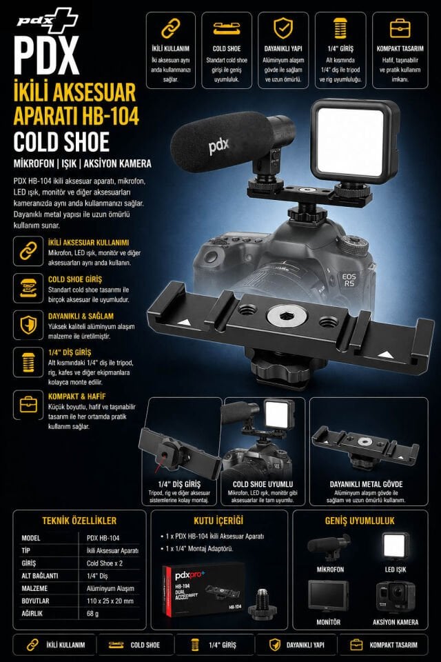 PDX İkili Aksesuar Aparatı HB-104 | Cold Shoe | Mikrofon Işık