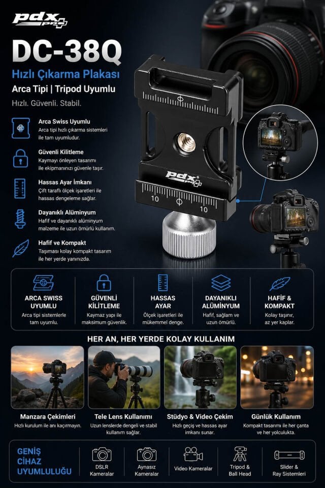 PDX Hızlı Çıkarma Plakası DC-38Q | Arca Tipi | Tripod Uyumlu