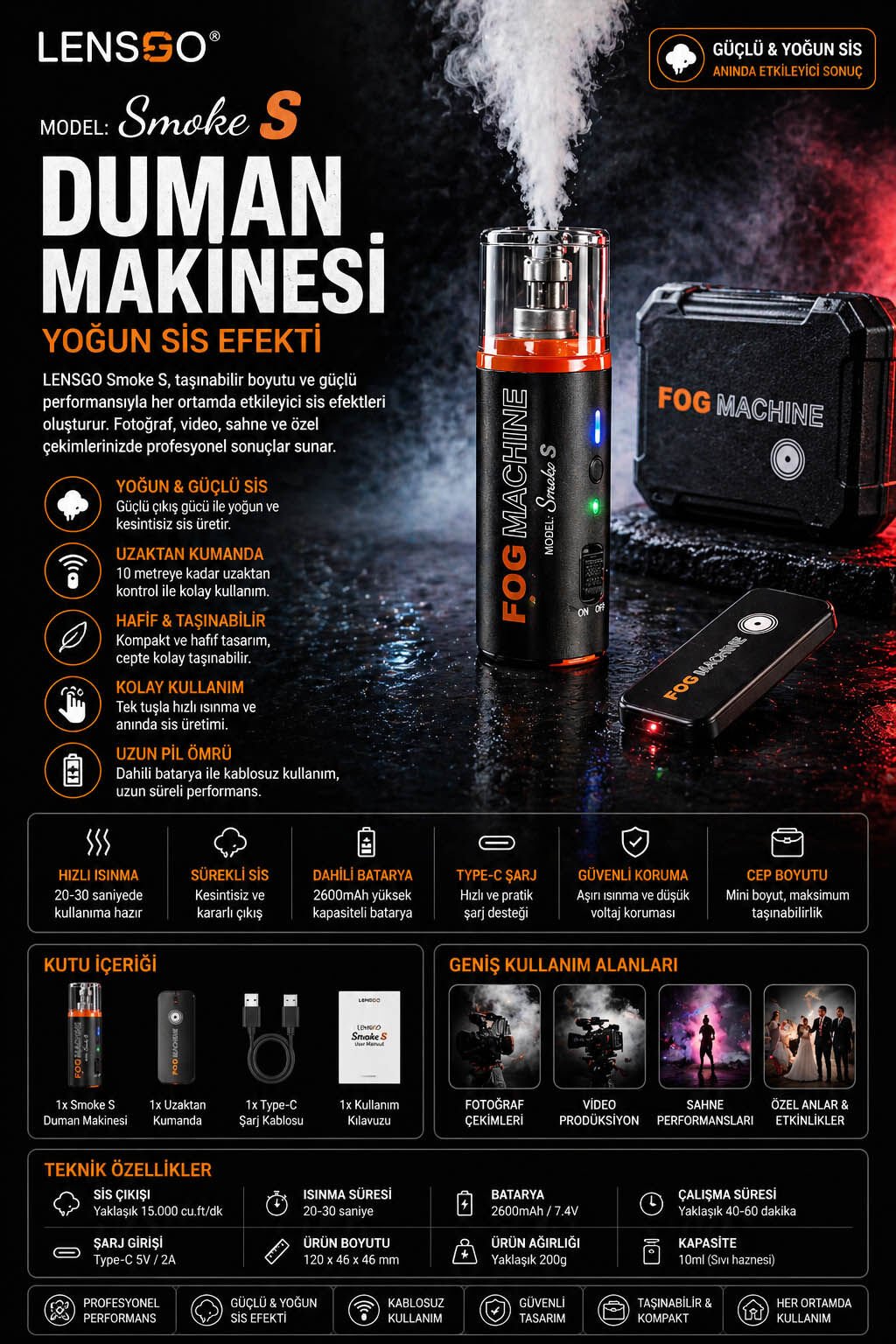 LENSGO Smoke S Duman Makinesi | Yoğun Sis Efekti | Profesyonel