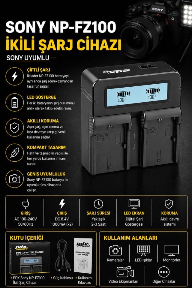 PDX Sony NP-FZ100 İkili Şarj Cihazı | Sony Uyumlu