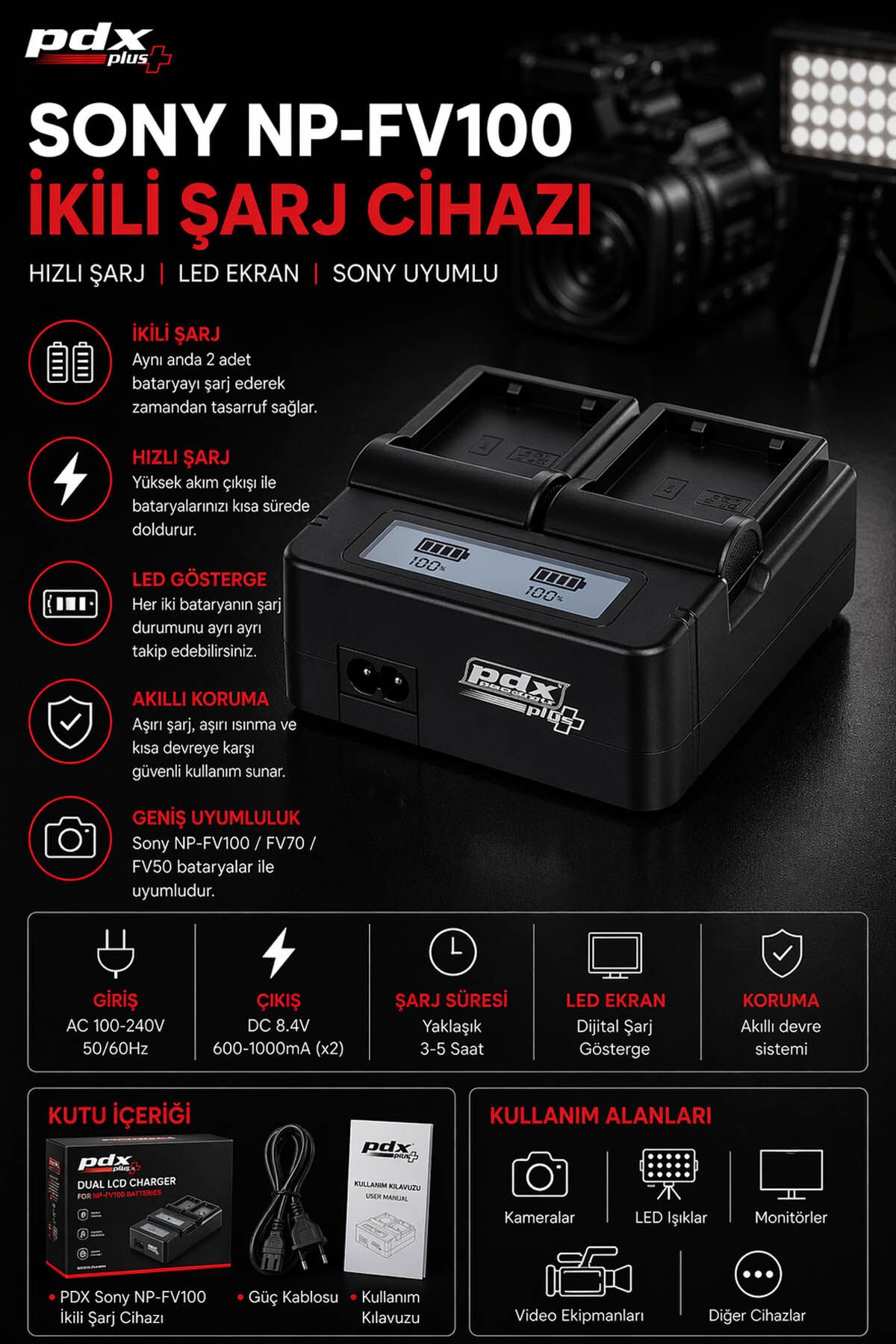 PDX Sony NP-FV100 Çift Batarya Şarj Cihazı