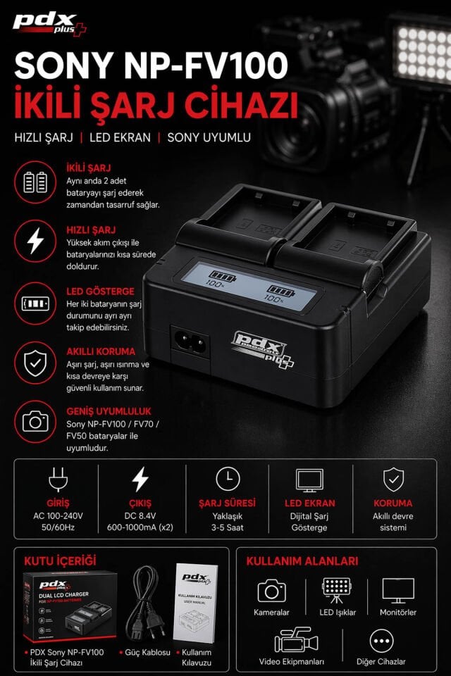 PDX Sony NP-FV100 İkili Şarj Cihazı | Sony Uyumlu