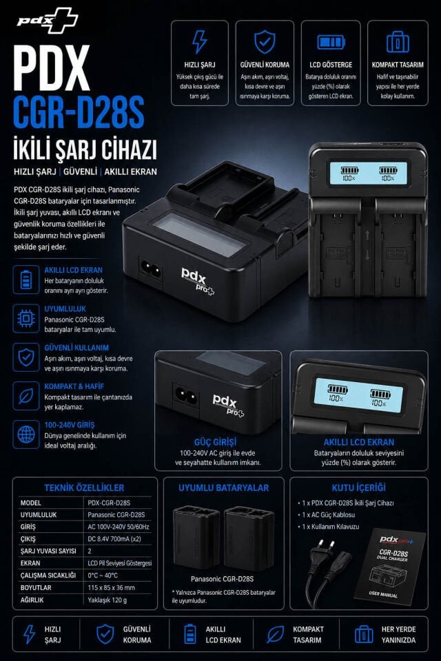 PDX Panasonic CGR-D28S İkili Şarj Cihazı | Panasonic Uyumlu