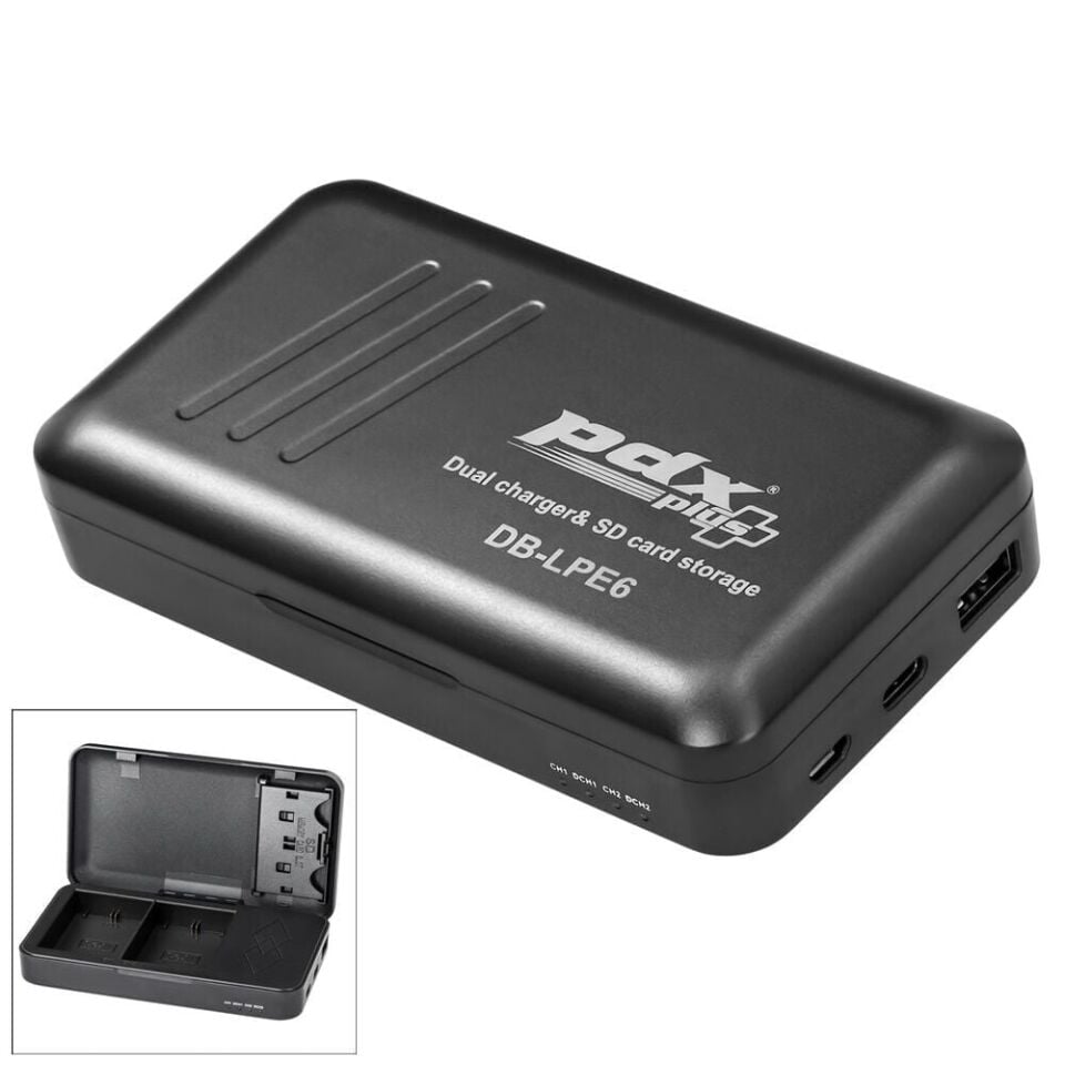 PDX Canon LP-E6 İkili Şarj Cihazı ve SD Kart Kutusu | Powerbank