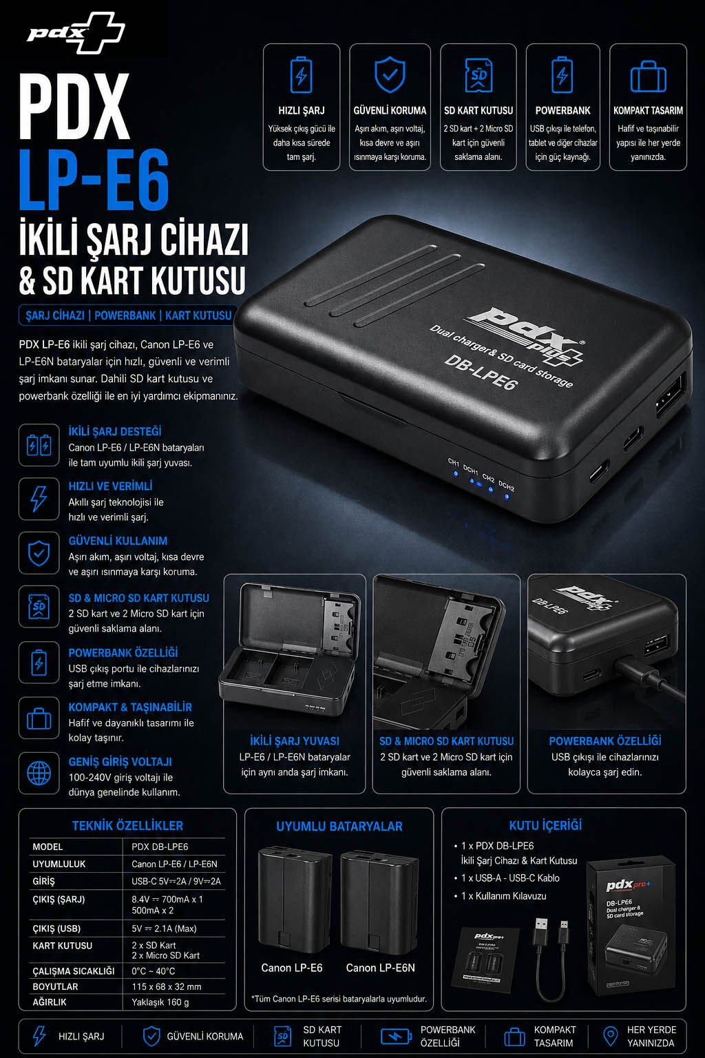 PDX Canon LP-E6 İkili Şarj Aleti ve SD Kart Kutusu