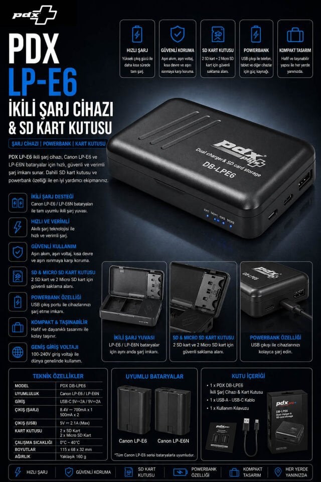 PDX Canon LP-E6 İkili Şarj Cihazı ve SD Kart Kutusu | Powerbank