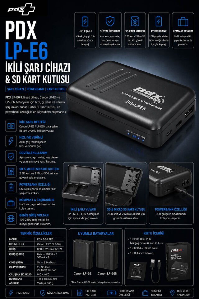 PDX Canon LP-E6 İkili Şarj Cihazı ve SD Kart Kutusu | Powerbank