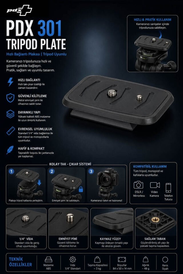 PDX 301 Tripod Plate | Hızlı Bağlantı Plakası | Tripod Uyumlu