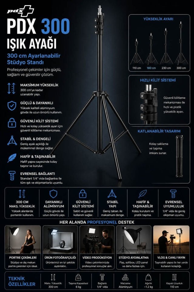 PDX 300 Işık Ayağı | 300 cm | Ayarlanabilir Stüdyo Standı