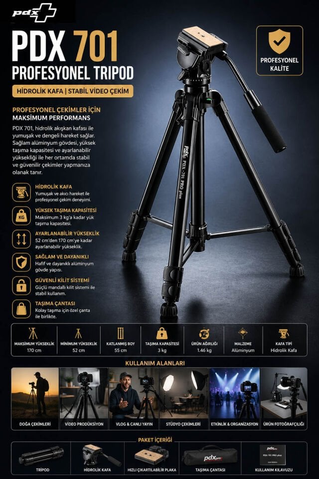 PDX 701 Profesyonel Tripod | Hidrolik Kafa | Stabil Video Çekim