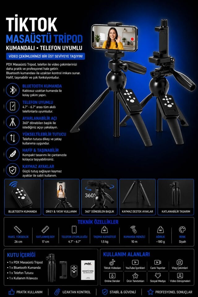 PDX TikTok Masaüstü Tripod | Kumandalı | Telefon Uyumlu